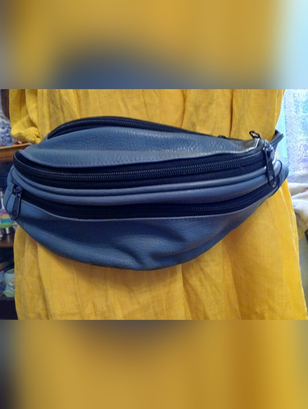 Vintage  Leather Belt Bag Or Fanny Pack Blueish Gray Unusex